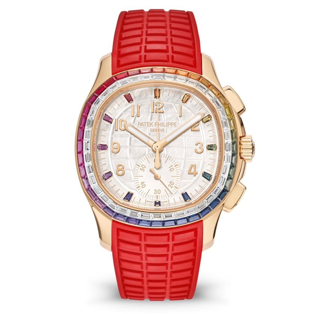Patek Philippe Aquanaut Luce Rainbow Chronograph White MOP Rainbow Sapphire Dial Rose Gold &amp; Rainbow Case Leather Strap 39.9mm - WATCHXNYC