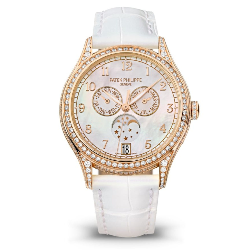 Patek Philippe Compications Moon Phase White MOP Dial Rose Gold &amp; Diamond Case   White Strap 38mm 4948R-001 - WATCHXNYC