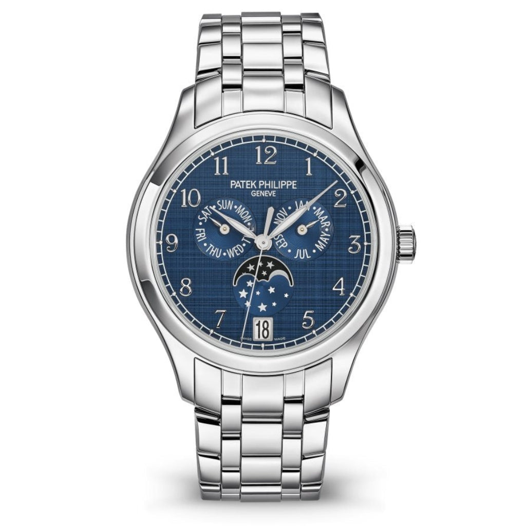 Patek Philippe Complications Blue Satin Dial Stainless Steel &amp; Diamond Case/Bracelet 38mm 4947-1A-001 - WATCHXNYC