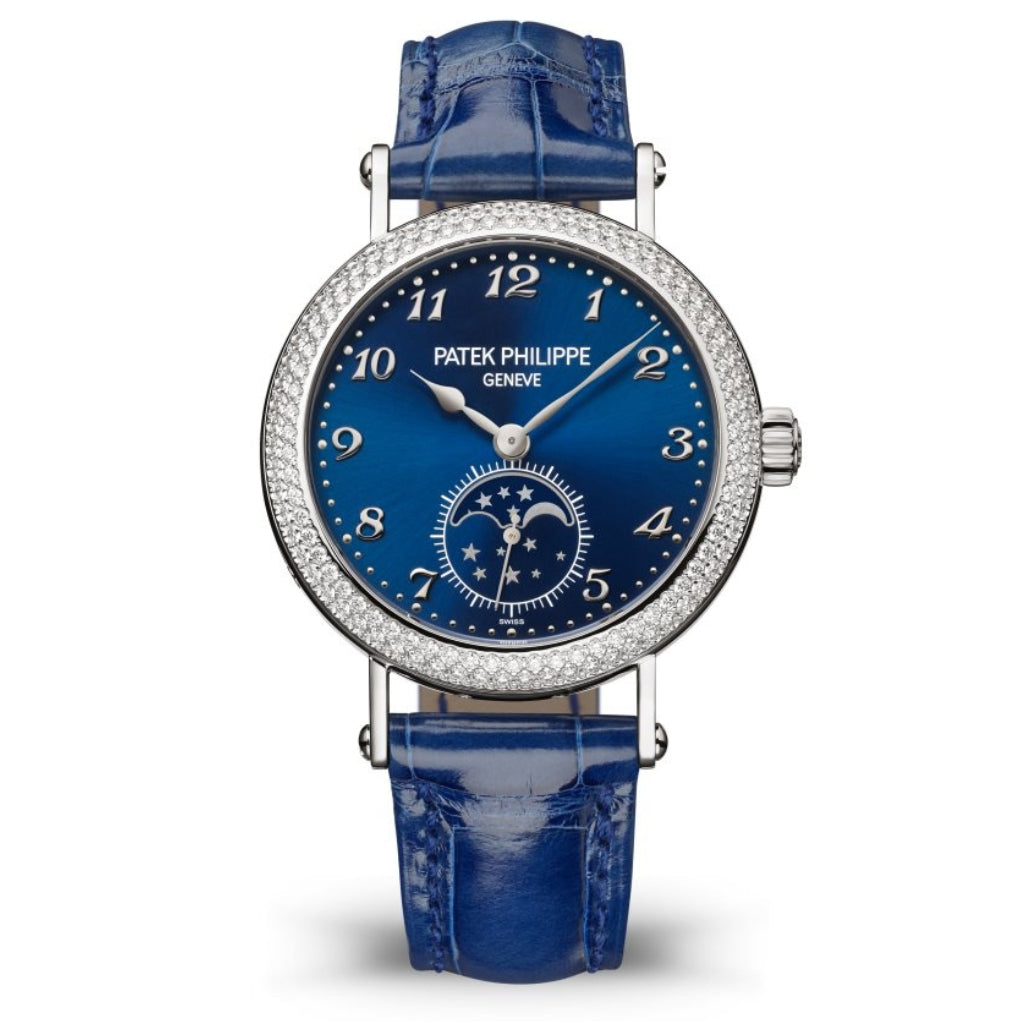 Patek Philippe Complications Moon Phase Blue Sunburst Dial White Gold &amp; Diamond Case Blue   Strap 33mm 7121-200G-001 - WATCHXNYC