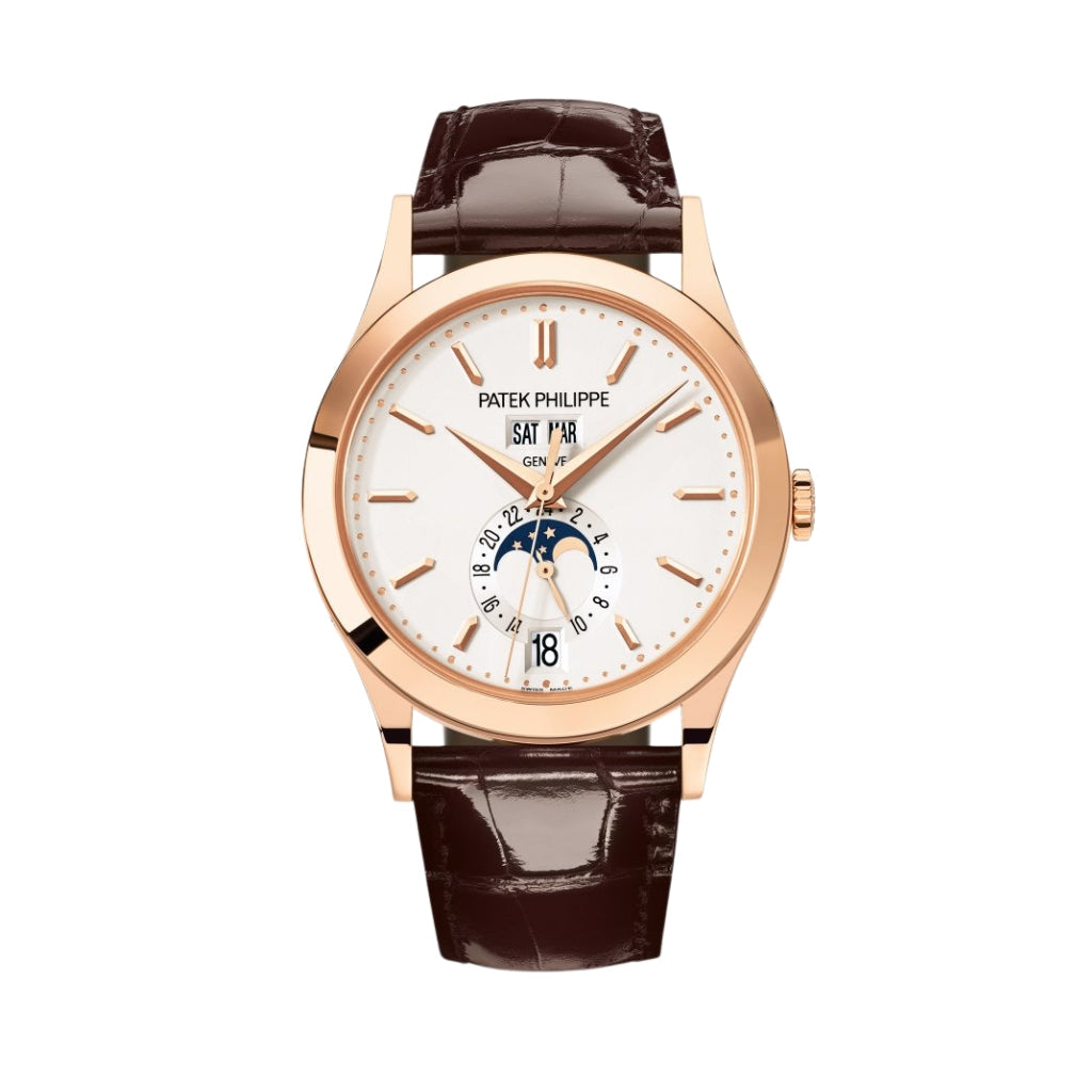 Patek Philippe Complications Moon Phases Silver Opaline &amp; Gold DIal Rose Gold Case Aligator Strap 38.5 mm 5396R-011 - WATCHXNYC
