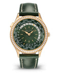 Patek Philippe Complications World Time Olive Green Dial Rose Gold Diamond Case   Green Strap 36 mm 7130R-014 - WATCHXNYC