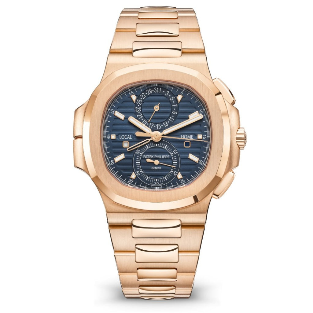 Patek Philippe Flyback Chronograph Travel Time Sunburst  Blue &amp; Gold Dial Rose Gold Case/Bracelet 40.5mm 5990-1R-001 - WATCHXNYC