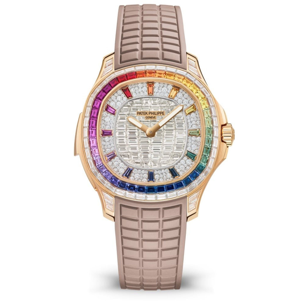 Patek Philippe Grand Complications Aquanaut Luce Diamond Pavé Dial Rose Gold &amp; Rainbow Diamond Case Rubber Strap 38.8 mm 5260/355R-001 - WATCHXNYC