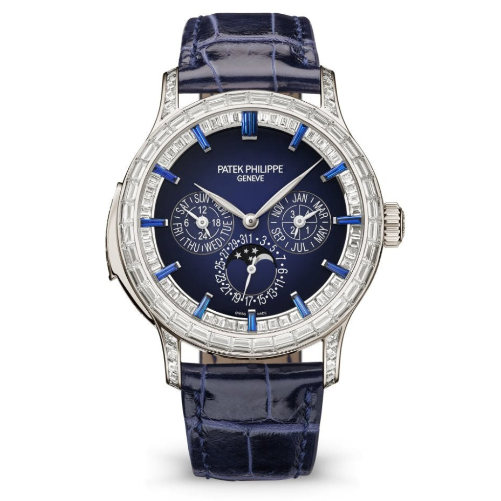 Patek Philippe Grand Complications Blue &amp; Sapphire Dial Platinum &amp; Diamond Case   Blue Leather 42 mm 5374/300P-001 - WATCHXNYC