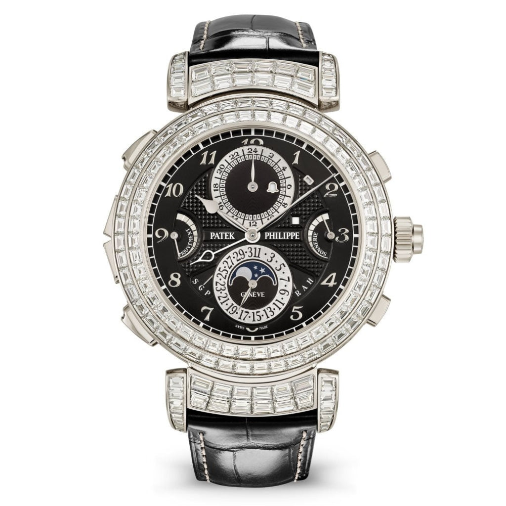 Patek Philippe Grand Complications Grandmaster Chime Black Time &amp; Calendar Diamond Dial White Gold Reversible Case   Leather Strap 49.4mm 6300-400G-001 - WATCHXNYC