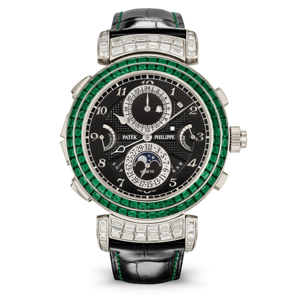 Patek Philippe Grand Complications Grandmaster Chime Black Time &amp; Calendar Emerald Dial White Gold Reversible Case   Leather Strap 49.4mm 6300-403G-001 - Wrist Boutique