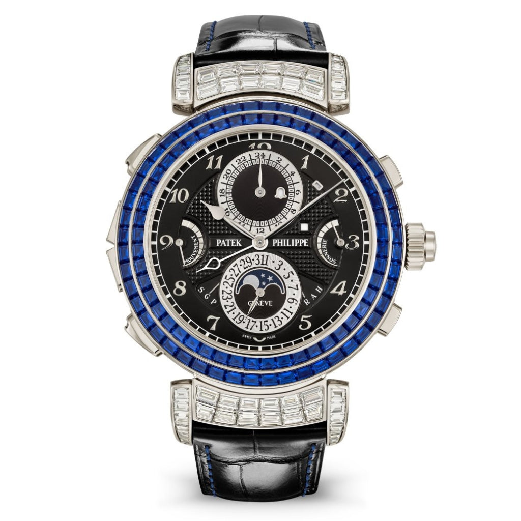 Patek Philippe Grand Complications Grandmaster Chime Black Time &amp; Calendar Sapphire Dial White Gold Reversible Case   Leather Strap 49.4mm 6300-401G-001 - Wrist Boutique