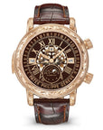Patek Philippe Grand Complications Sky Moon Tourbillion Grand Feu Brown Enamel & Gold Dial Rose Gold Engraved Case   Leather Strap 44 mm 6002R-001 - Wrist Boutique