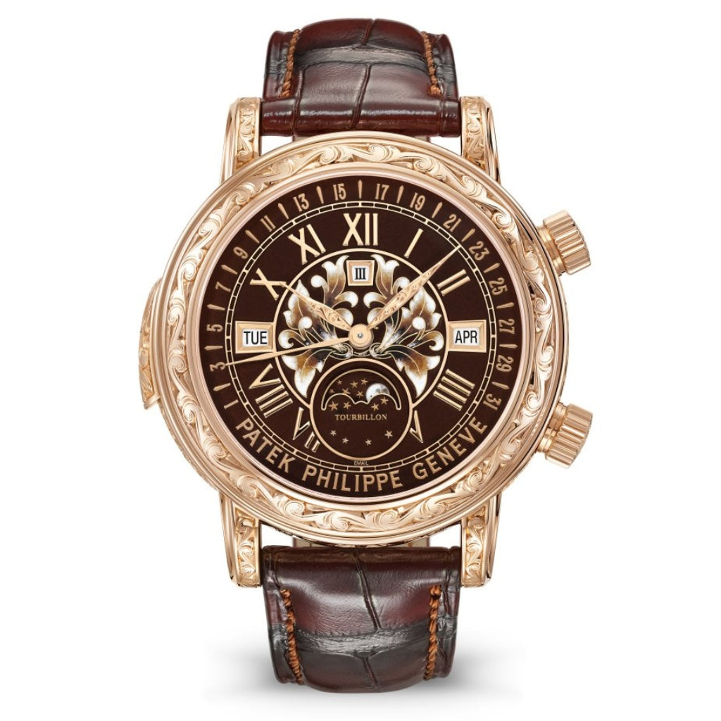 Patek Philippe Grand Complications Sky Moon Tourbillion Grand Feu Brown Enamel &amp; Gold Dial Rose Gold Engraved Case   Leather Strap 44 mm 6002R-001 - WATCHXNYC