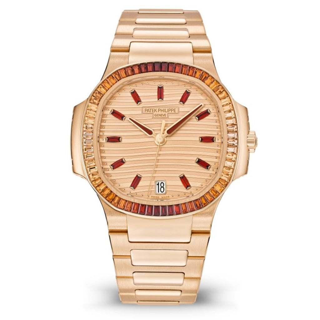 Patek Philippe Ladies Automatic Rose Wave Motif Dial Rose Gold &amp; Multi-Colored Diamond Case/Bracelet 35.2mm 7118-1300R-001 - WATCHXNYC