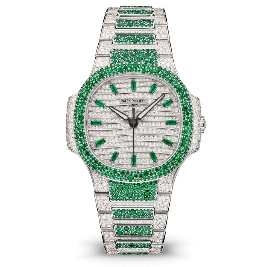 Patek Philippe Nautilus Haute Joaillerie Diamond Pavé Gold &amp; Emerald Dial White Gold &amp; Diamond/Emerald Case/Bracelet 35.2mm 7118-1453G-001 - WATCHXNYC