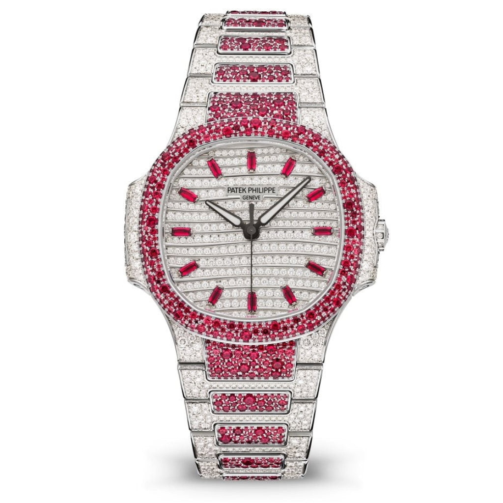 Patek Philippe Nautilus Haute Joaillerie Diamond Pavé Gold &amp; Ruby Dial White Gold &amp; Diamond/Ruby Case/Bracelet 35.2mm 7118-1452G-001 - WATCHXNYC