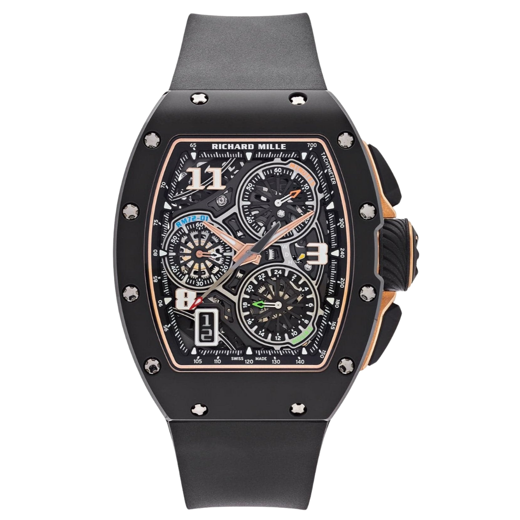 Richard Mille RM72-01 Automatic Winding Lifestyle Flyback Chronograph 38.40 mm x 47.34 mm Transparent Dial 18k Rose Gold and Black Ceramic Rubber Strap - Wrist Boutique