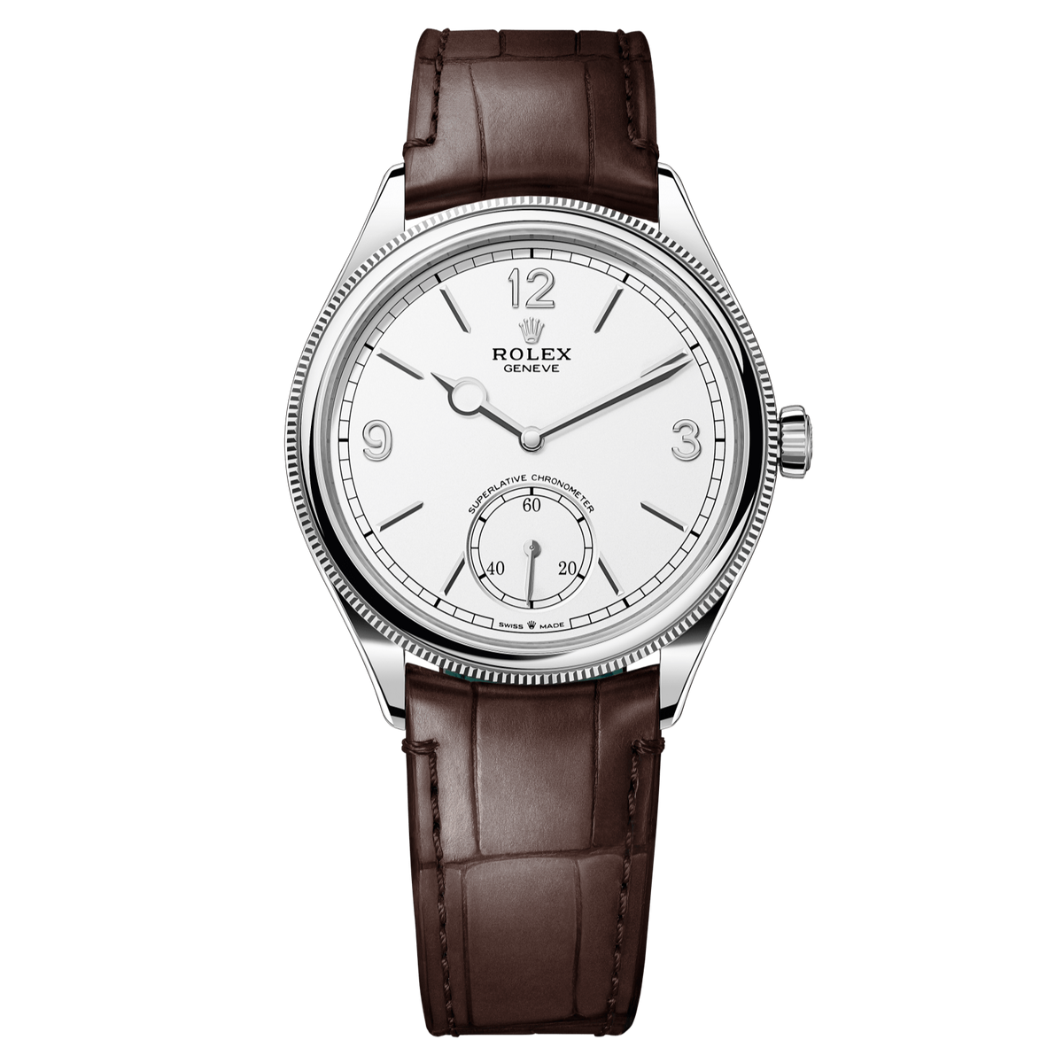 Rolex 1908 39 mm Intense White Dial 18 Kt White Gold Matt Brown   Leather m52509-0006 - WATCHXNYC