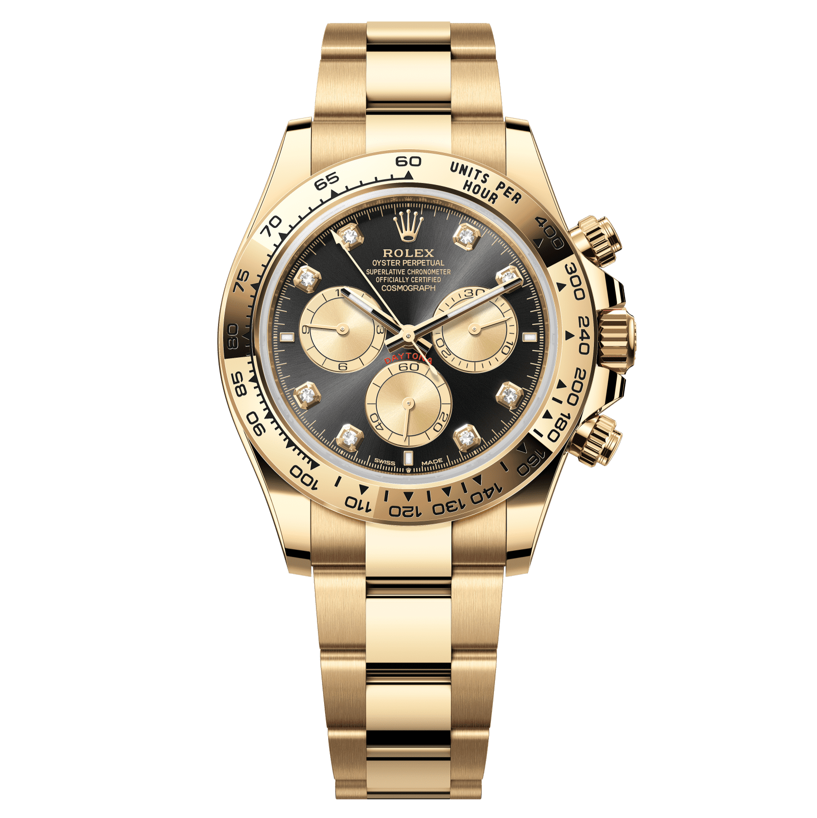 Rolex Cosmograph Daytona 40 mm Bright Black and Golden set with Diamonds Dial 18 kt Yellow Gold Oyster Bracelet 126508-0003 - WATCHXNYC