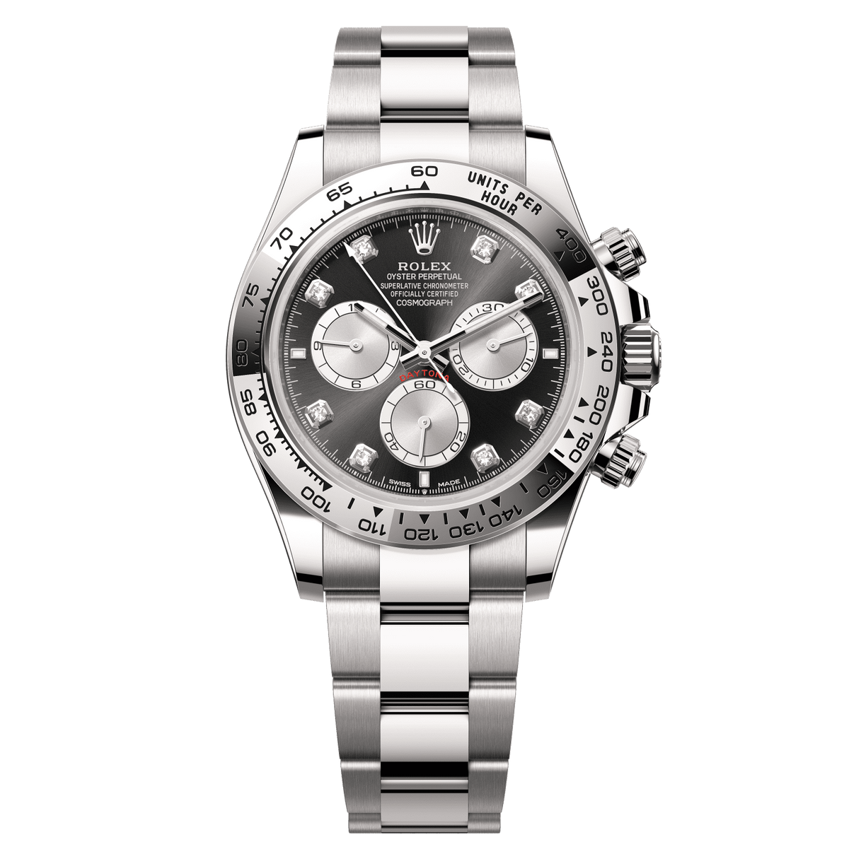 Rolex Cosmograph Daytona 40 mm Bright black and steel set with diamonds Dial 18 kt white gold Oyster bracelet 126509-0002 - WATCHXNYC