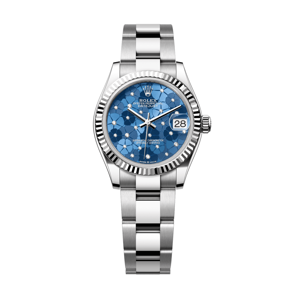 Rolex Datejust 31 31 mm Azzurro Blue, Floral Motif Set With Diamonds Dial Oystersteel and White Gold Oyster Bracelet 278274-0023 - WATCHXNYC