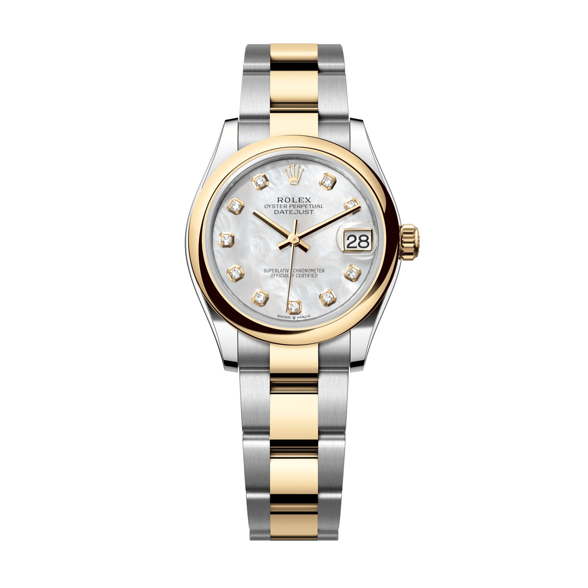 Rolex Datejust 31 31 mm White Mother-Of-Pearl Set With Diamonds Dial Oystersteel and 18k Yellow Gold Oyster Bracelet 278243-0027 - WATCHXNYC