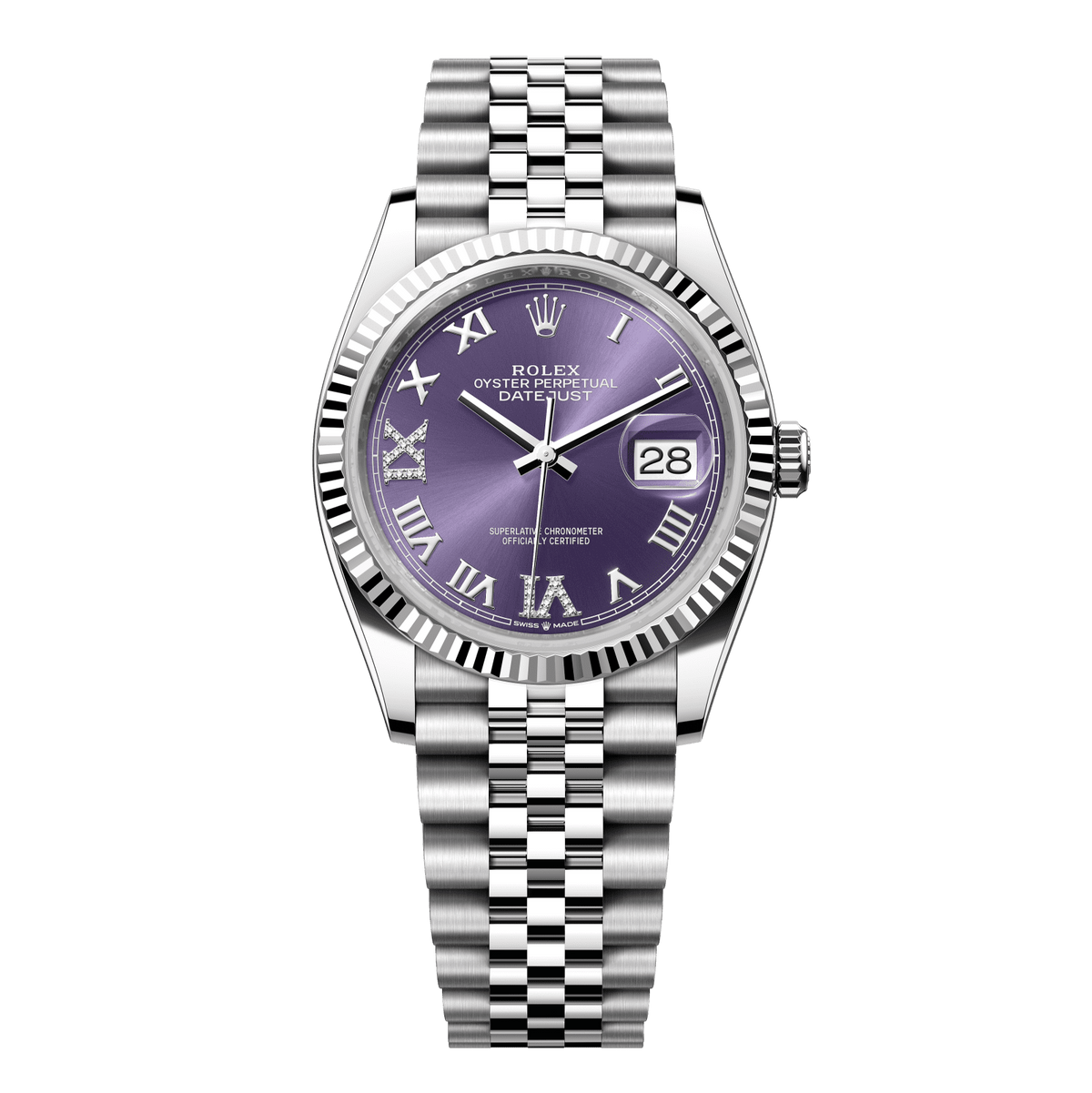 Rolex Datejust 36 36 mm Aubergine Set With Diamonds Dial Oystersteel and White Gold Jubilee Bracelet 126234-0021 - WATCHXNYC