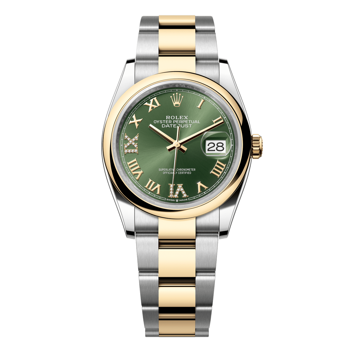 Rolex Datejust 36 36 mm Olive Green Set With Diamonds Dial Oystersteel and 18k Yellow Gold Oyster Bracelet 126203-0026 - WATCHXNYC