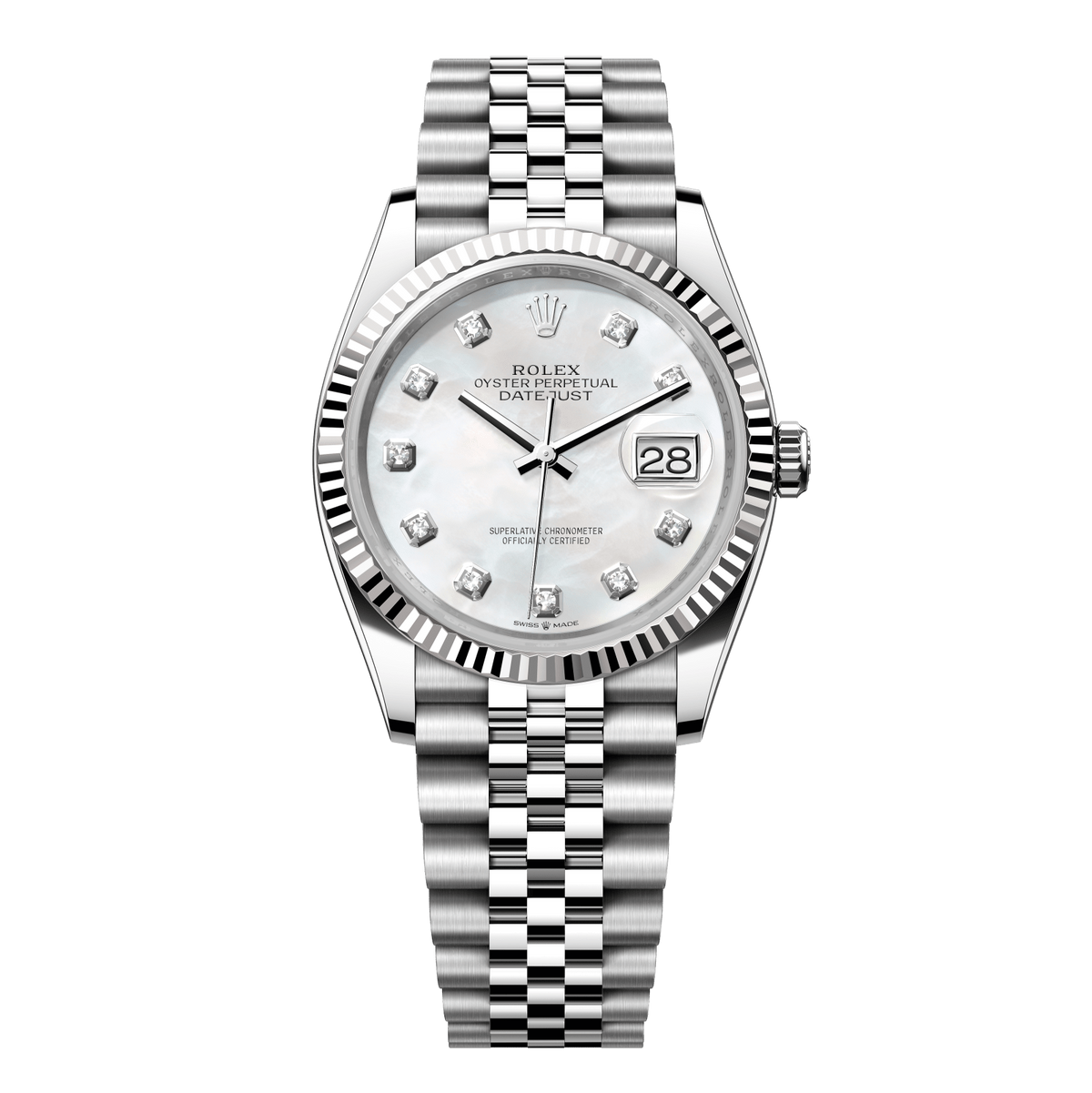 Rolex Datejust 36 36 mm White Mother-Of-Pearl Dial with Diamonds Oystersteel and White Gold Jubilee Bracelet 126234-0019 - WATCHXNYC
