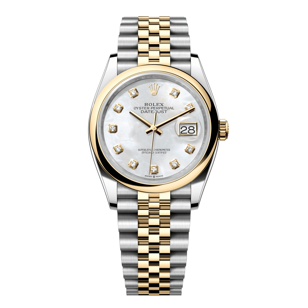 Rolex Datejust 36 36 mm White Mother-Of-Pearl Set With Diamonds Dial Oystersteel and 18k Yellow Gold Jubilee Bracelet 126203-0023 - WATCHXNYC