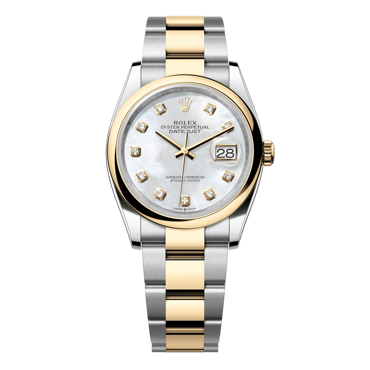 Rolex Datejust 36 36 mm White Mother-Of-Pearl Set With Diamonds Dial Oystersteel and 18k Yellow Gold Oyster Bracelet 126203-0024 - WATCHXNYC