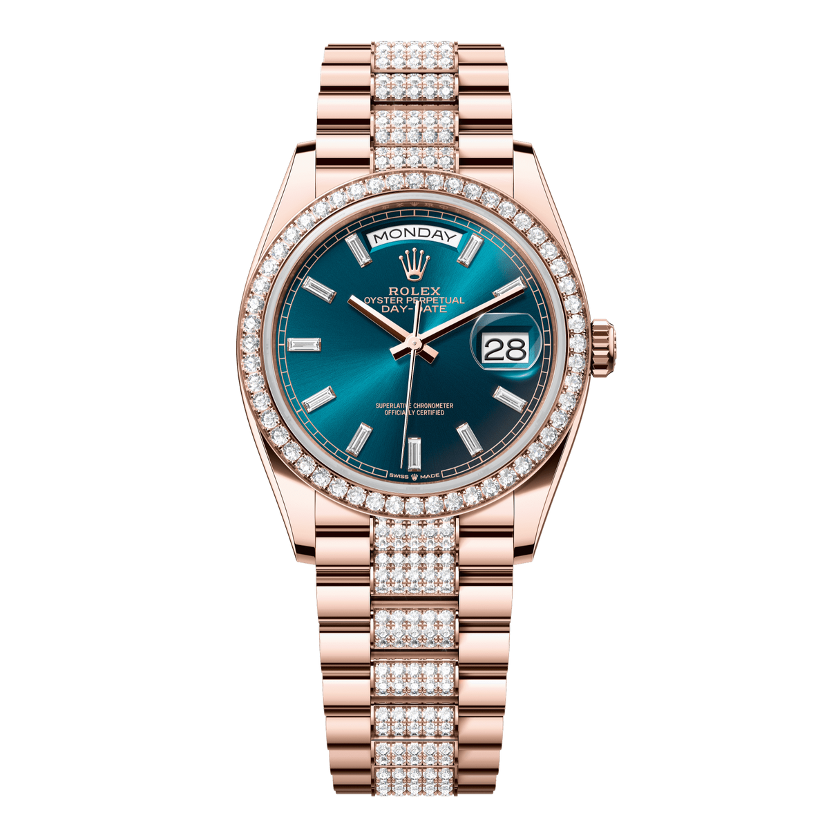 Rolex Day-Date 36 36 mm Blue-Green Set With Diamonds Dial 18 kt Everose Gold President Bracelet 128345rbr-0084 - WATCHXNYC