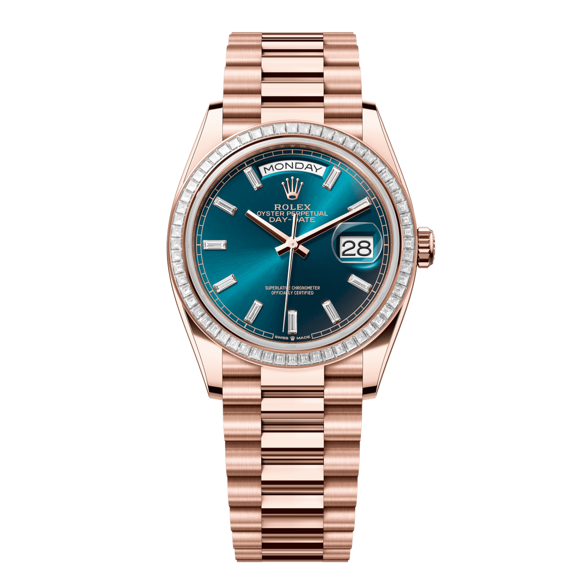 Rolex Day-Date 36 36 mm Blue-Green Set With Diamonds Dial 18 kt Everose Gold President Bracelet 128395tbr-0032 - WATCHXNYC