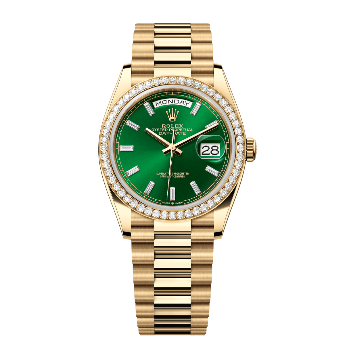 Rolex Day-Date 36 36 mm Bright Green Set With Diamonds Dial 18k Yellow Gold President Bracelet 128348rbr-0078 - WATCHXNYC