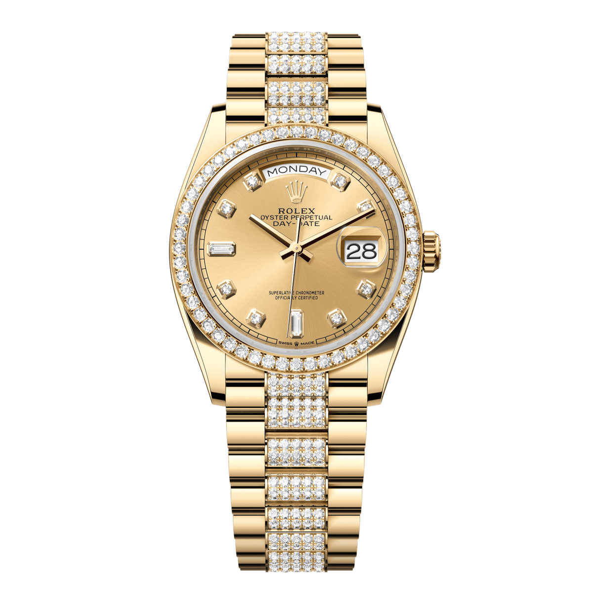 Rolex Day-Date 36 36 mm Champagne-Colour Set With Diamonds Dial 18k Yellow Gold President Bracelet 128348rbr-0010 - WATCHXNYC