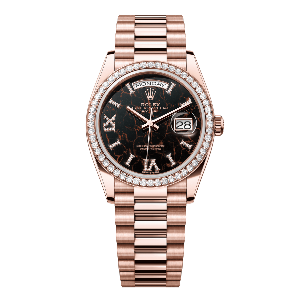 Rolex Day-Date 36 36 mm Eisenkiesel Set With Diamonds Dial 18 kt Everose Gold President Bracelet 128345rbr-0044 - WATCHXNYC