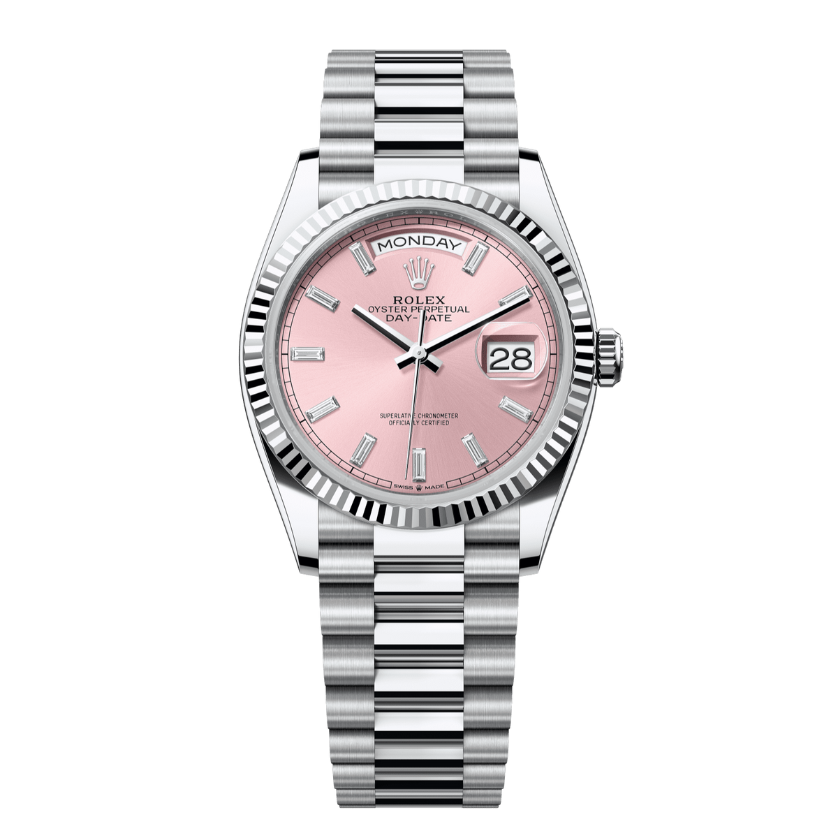 Rolex Day-Date 36 36 mm Pink Set With Diamonds Dial Platinum President Bracelet 128236-0024 - WATCHXNYC