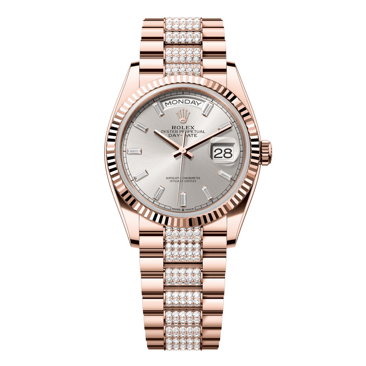 Rolex Day-Date 36 36 mm Silver Set With Diamonds Dial 18 kt Everose Gold President Bracelet 128235-0088 - WATCHXNYC