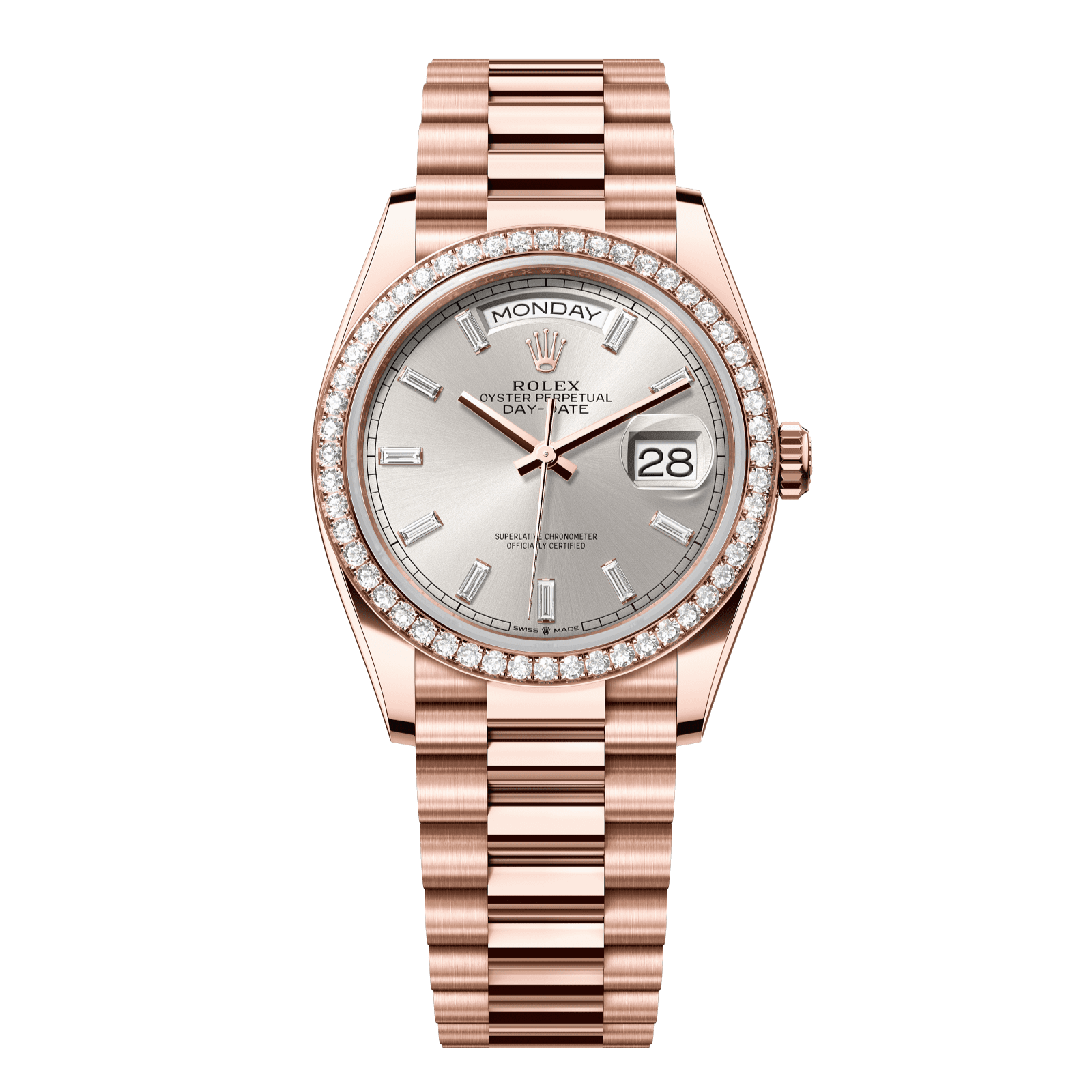 Rolex Day-Date 36 36 mm Silver Set With Diamonds Dial 18 kt Everose Gold President Bracelet 128345rbr-0081 - WATCHXNYC