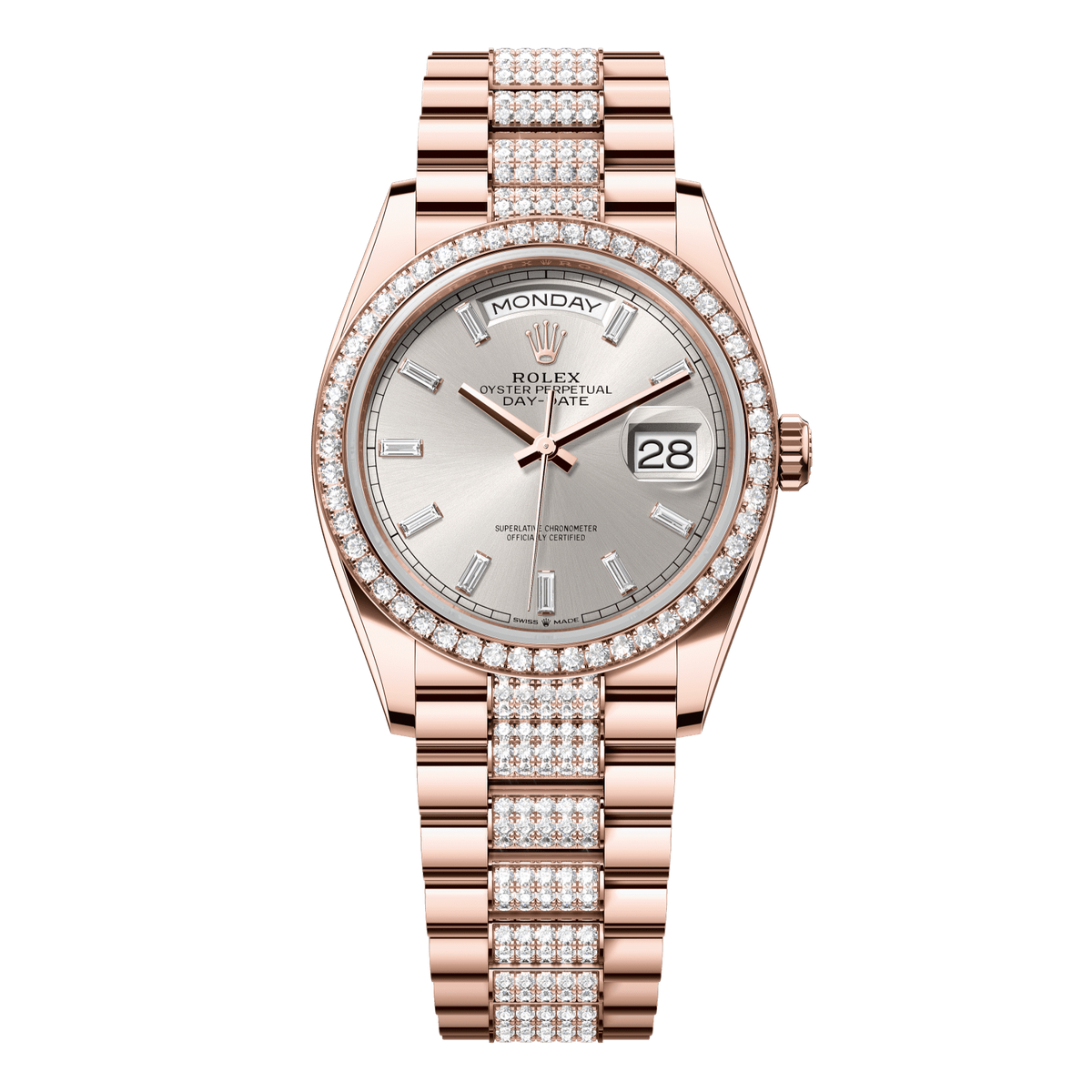 Rolex Day-Date 36 36 mm Silver Set With Diamonds Dial 18 kt Everose Gold President Bracelet 128345rbr-0082 - WATCHXNYC
