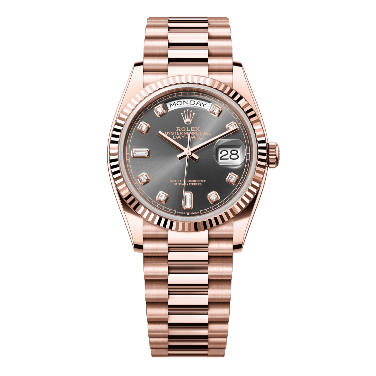 Rolex Day-Date 36 36 mm Slate Set With Diamonds Dial 18 kt Everose Gold President Bracelet 128235-0050 - WATCHXNYC