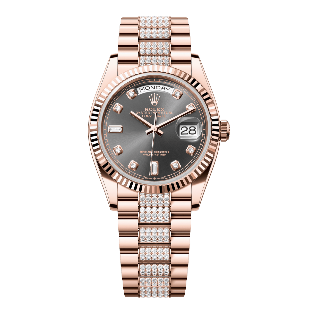 Rolex Day-Date 36 36 mm Slate Set With Diamonds Dial 18 kt Everose Gold President Bracelet 128235-0051 - WATCHXNYC