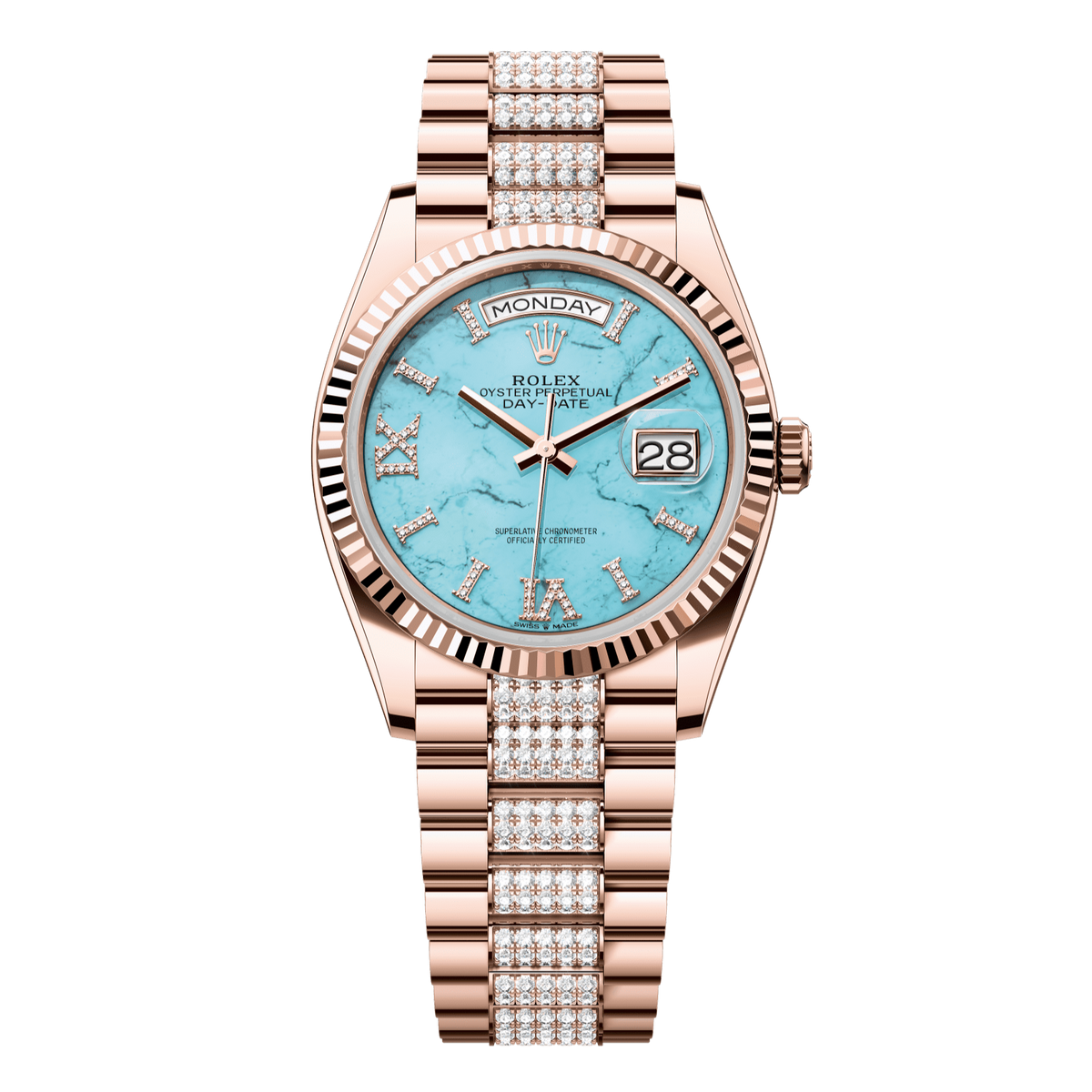 Rolex Day-Date 36 36 mm Turquoise Set With Diamonds Dial 18 kt Everose Gold President Bracelet 128235-0065 - WATCHXNYC