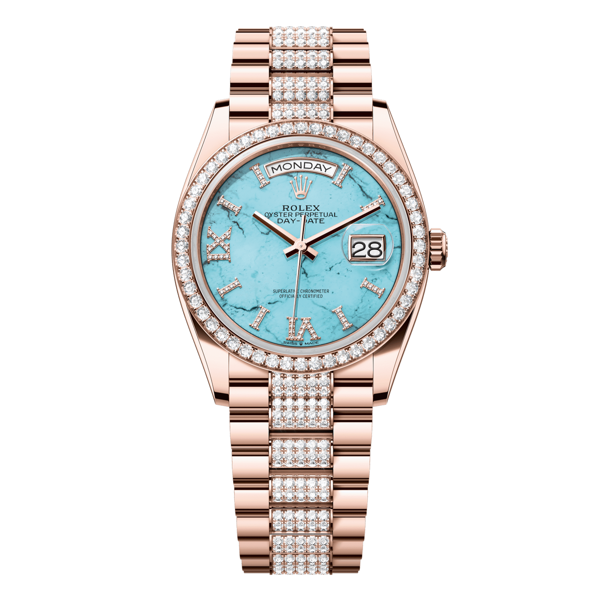 Rolex Day-Date 36 36 mm Turquoise Set With Diamonds Dial 18 kt Everose Gold President Bracelet 128345rbr-0065 - WATCHXNYC