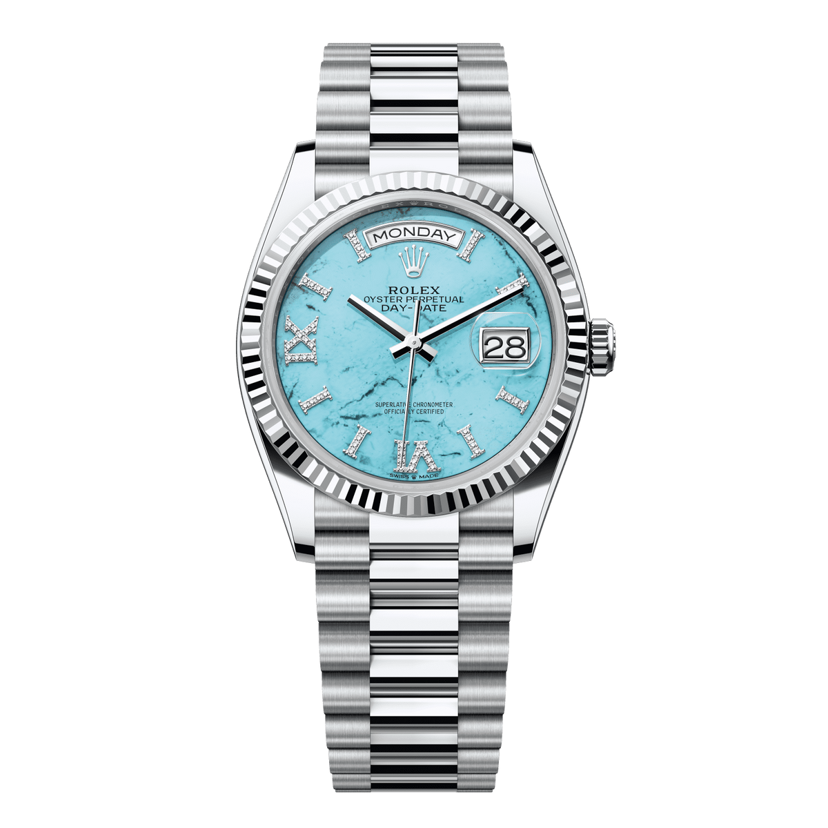 Rolex Day-Date 36 36 mm Turquoise Set With Diamonds Dial Platinum President Bracelet 128236-0011 - WATCHXNYC