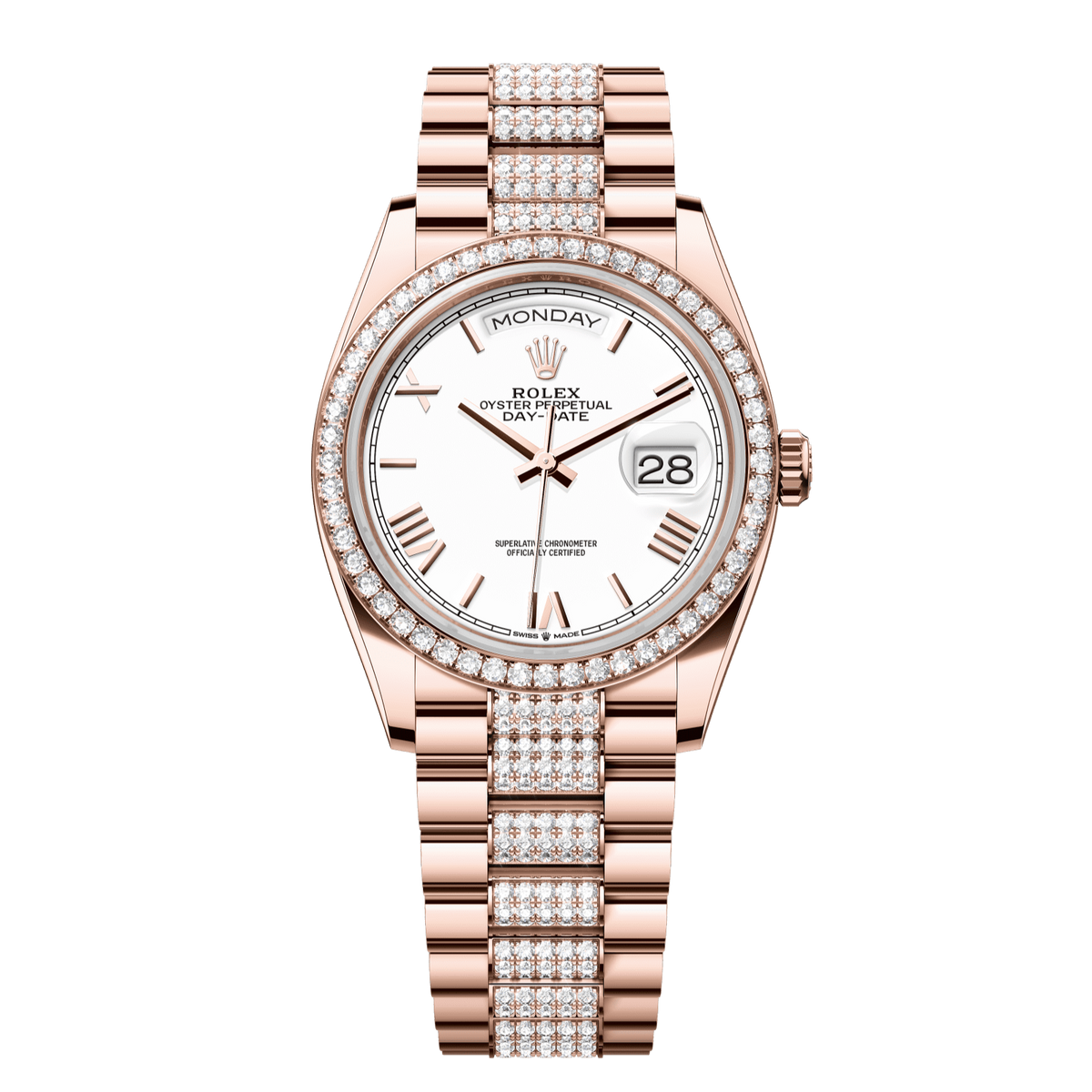 Rolex Day-Date 36 36 mm White Dial with Diamonds 18 kt Everose Gold President Bracelet 128345rbr-0071 - WATCHXNYC