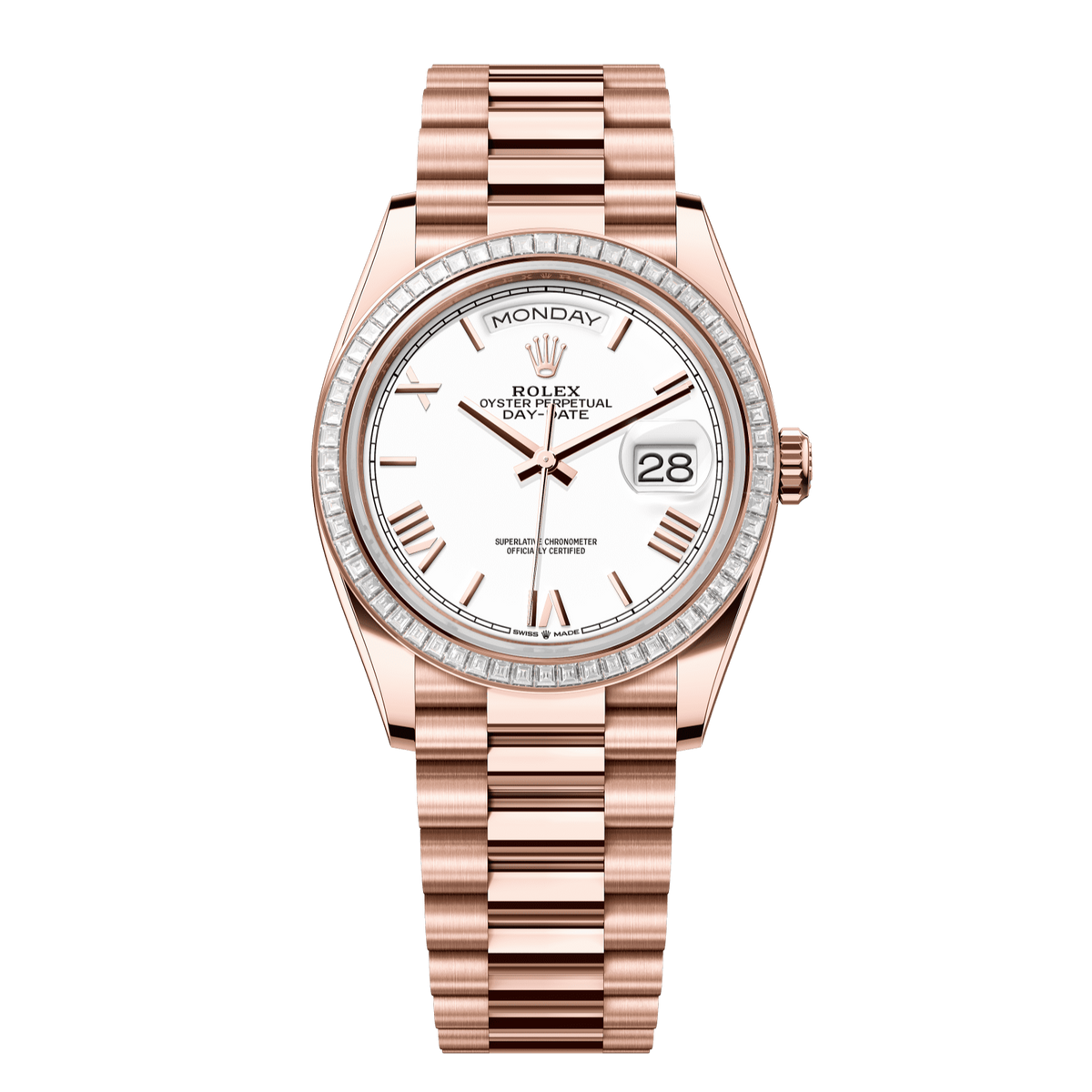 Rolex Day-Date 36 36 mm White Dial with Diamonds 18 kt Everose Gold President Bracelet 128395tbr-0022 - WATCHXNYC