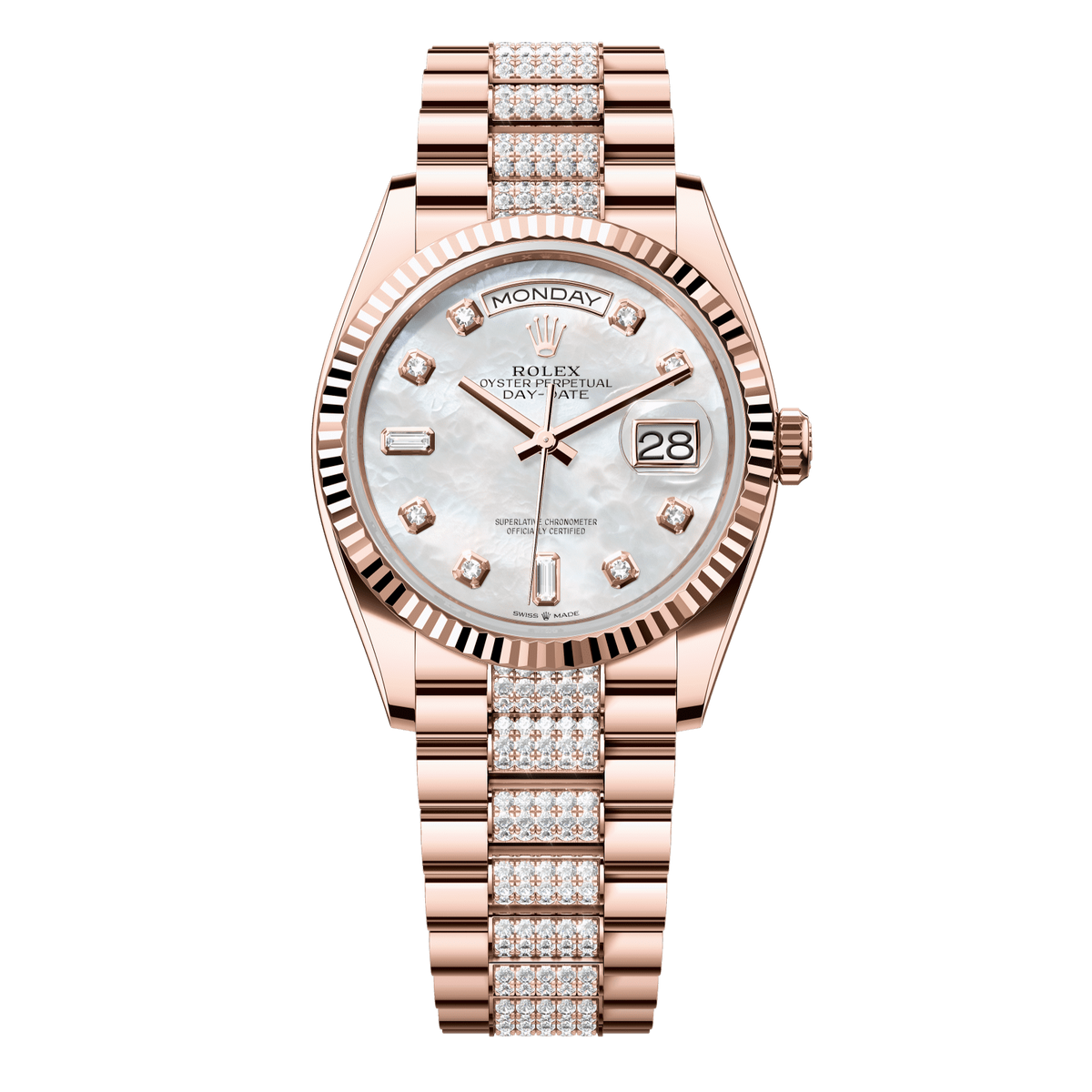 Rolex Day-Date 36 36 mm White Mother-Of-Pearl Set With Diamonds Dial 18 kt Everose Gold President Bracelet 128235-0032 - WATCHXNYC