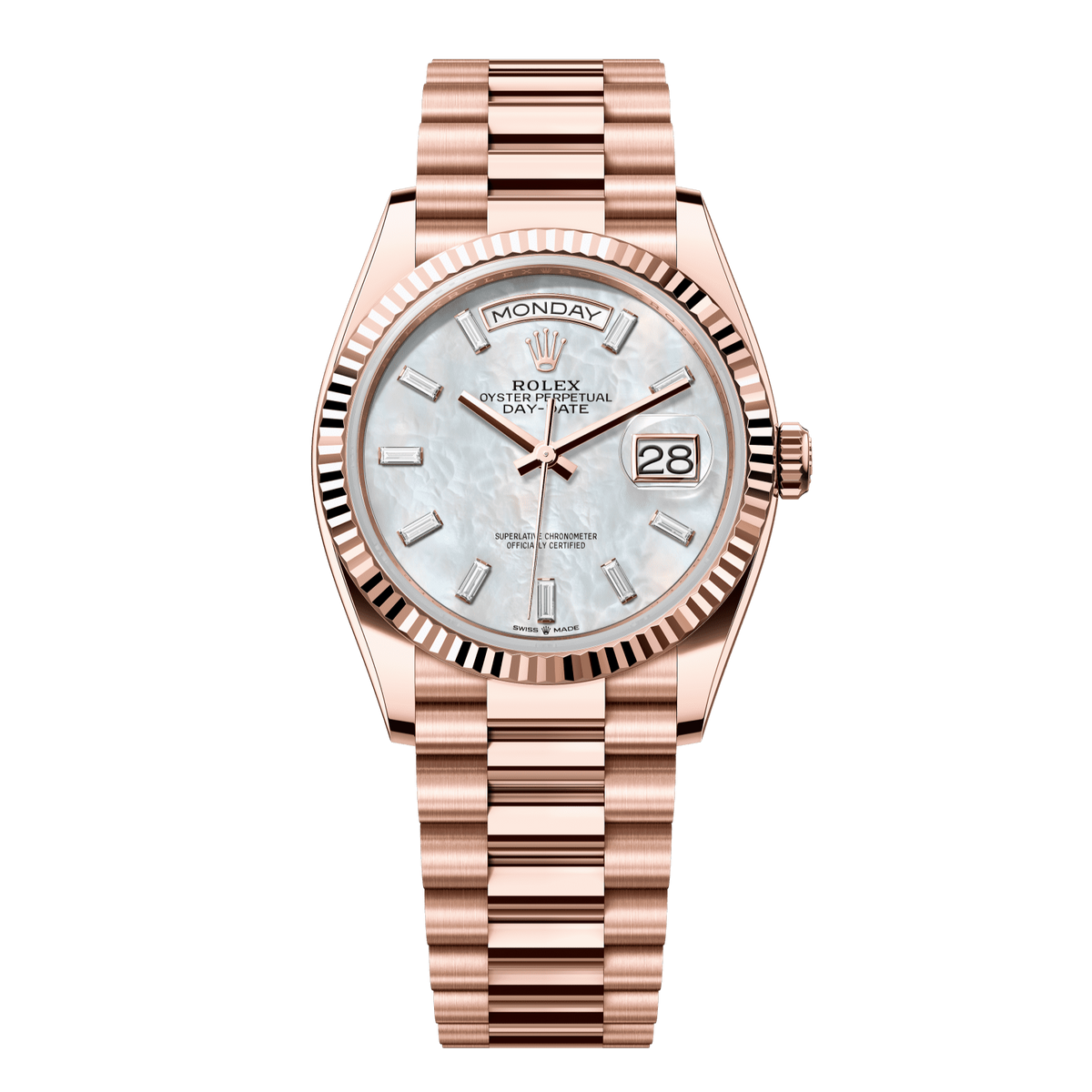 Rolex Day-Date 36 36 mm White Mother-Of-Pearl Set With Diamonds Dial 18 kt Everose Gold President Bracelet 128235-0078 - WATCHXNYC