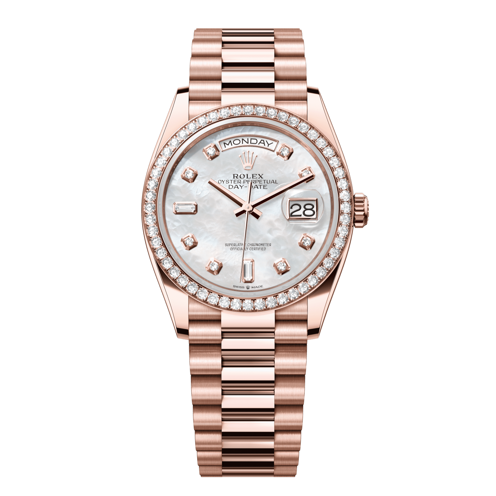 Rolex Day-Date 36 36 mm White Mother-Of-Pearl Set With Diamonds Dial 18 kt Everose Gold President Bracelet 128345rbr-0028 - WATCHXNYC