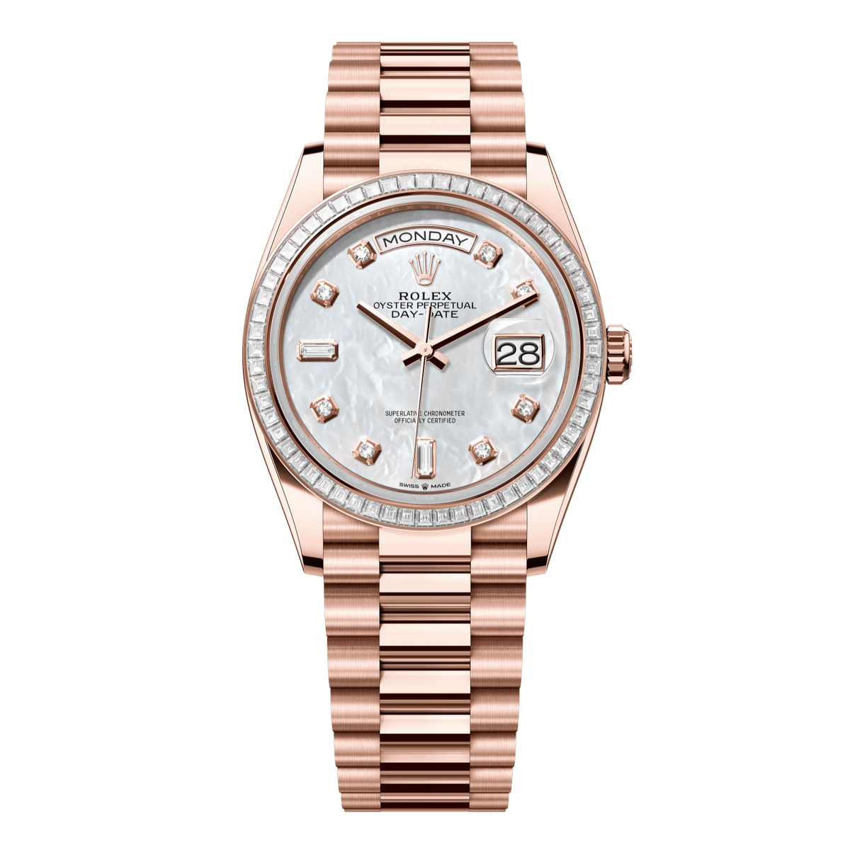 Rolex Day-Date 36 36 mm White Mother-Of-Pearl Set With Diamonds Dial 18 kt Everose Gold President Bracelet 128395tbr-0006 - WATCHXNYC