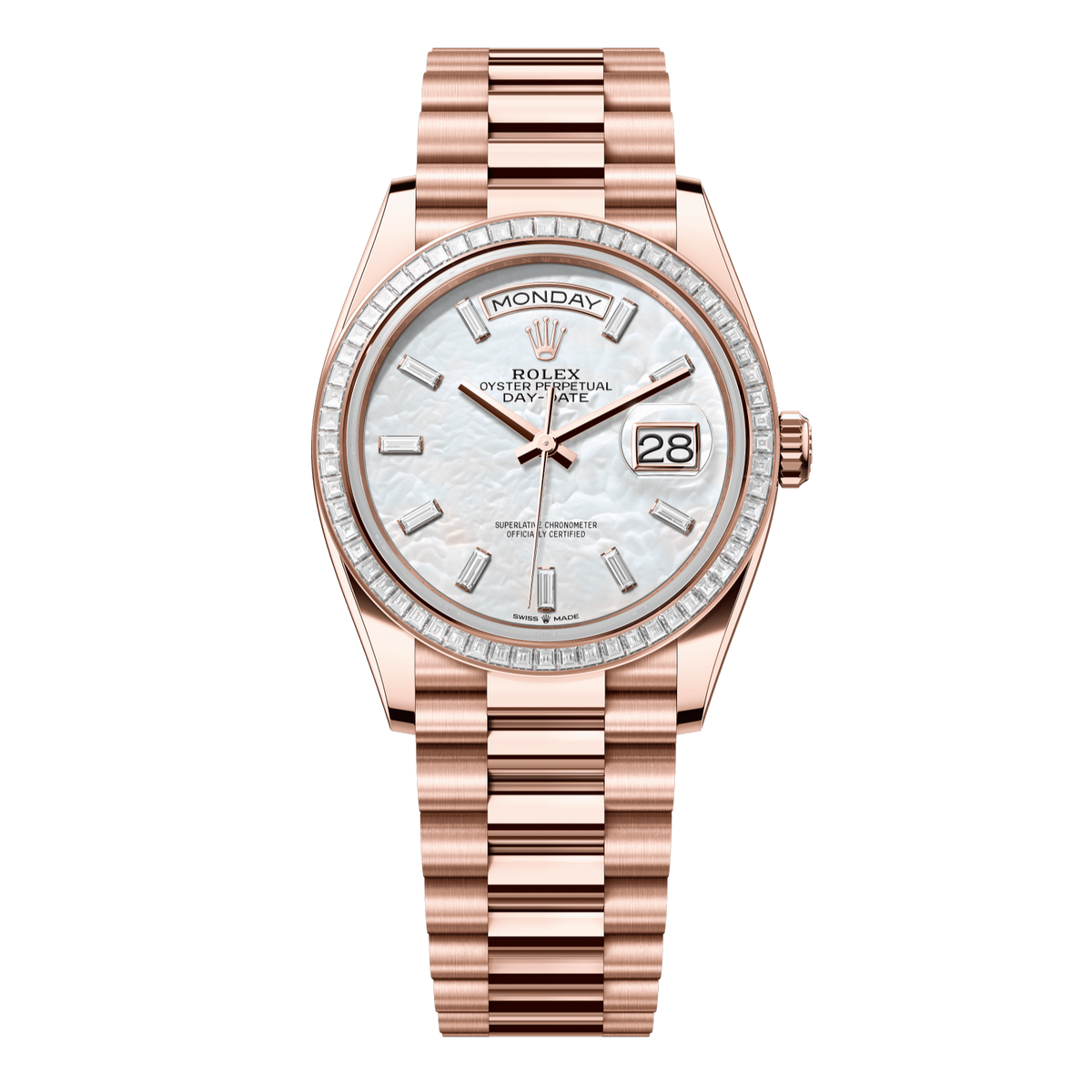 Rolex Day-Date 36 36 mm White Mother-Of-Pearl Set With Diamonds Dial 18 kt Everose Gold President Bracelet 128395tbr-0026 - WATCHXNYC