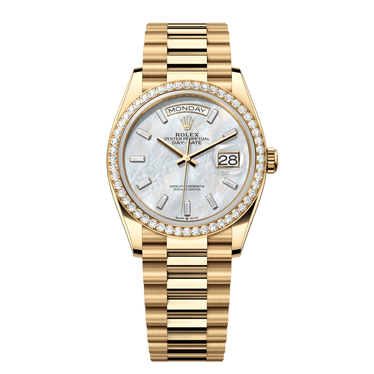 Rolex Day-Date 36 36 mm White Mother-Of-Pearl Set With Diamonds Dial 18k Yellow Gold President Bracelet 128348rbr-0070 - WATCHXNYC